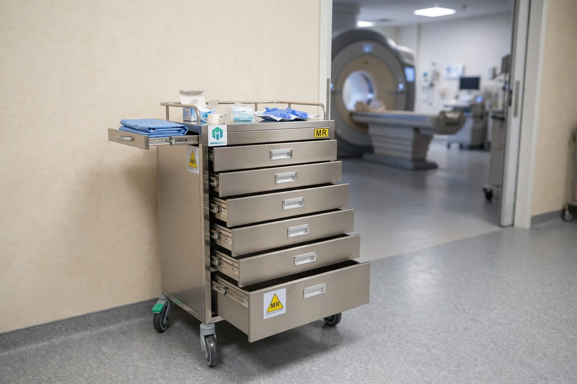 HO-M01 stainless-steel MRI cart with six drawers